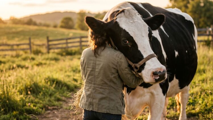 Holstein steer being gently touched during a cow cuddling therapy in a sunny pasture, researchers set up