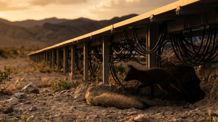 Solar farms were built to make clean power, not to shelter anything alive, but one animal running out of places to live quietly decided otherwise 1 Solar panels foxes beneath