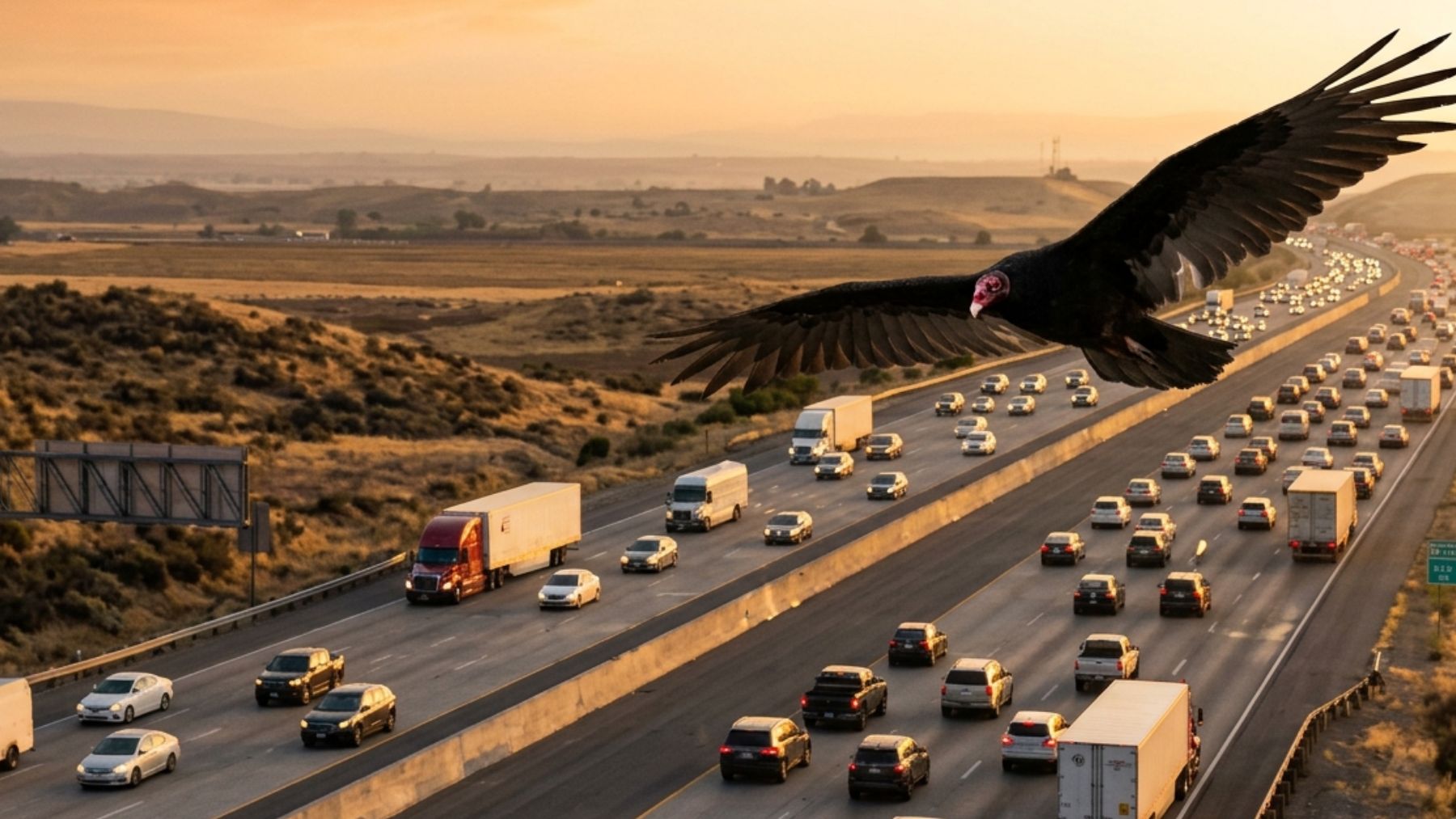 Turkey vulture soaring over a rural highway at golden hour, drivers pass them