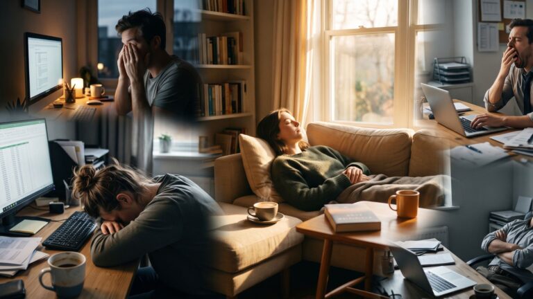 a coffee before a short nap next to exhausted afternoon scenes
