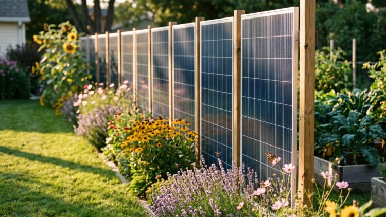 a solar fence with vertical bifacial panels catching golden morning light in a backyard, fence running along