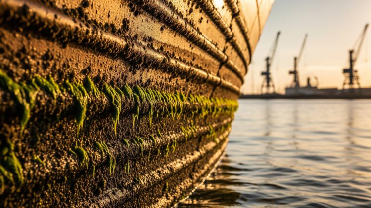 barnacle-covered shipping containers stacked at a port at golden hour, korean estuary crossed