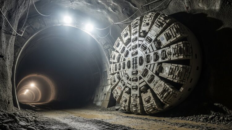 a massive tunnel boring machine cutterhead deep inside a rock tunnel, can chew through