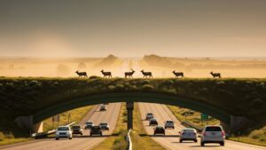 Thousands of elk reach the edge of a roaring six lane highway near Denver, and what now waits there to carry them across is quietly the largest of its kind on the continent 36 Green vegetated wildlife overpass spanning a Colorado interstate at golden hour