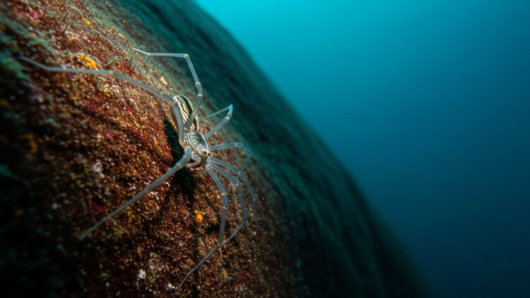 living sea spider on ocean rock, echoing ancient sea spider fossils, scientists cracked open