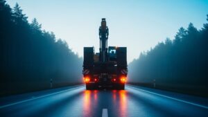 A wall of amber lights crept past at 3 a.m., and what it left behind on the empty highway has road scientists rethinking everything 34 an oversize load transporter carrying heavy machinery on a misty rural highway at dawn, amber lights crept