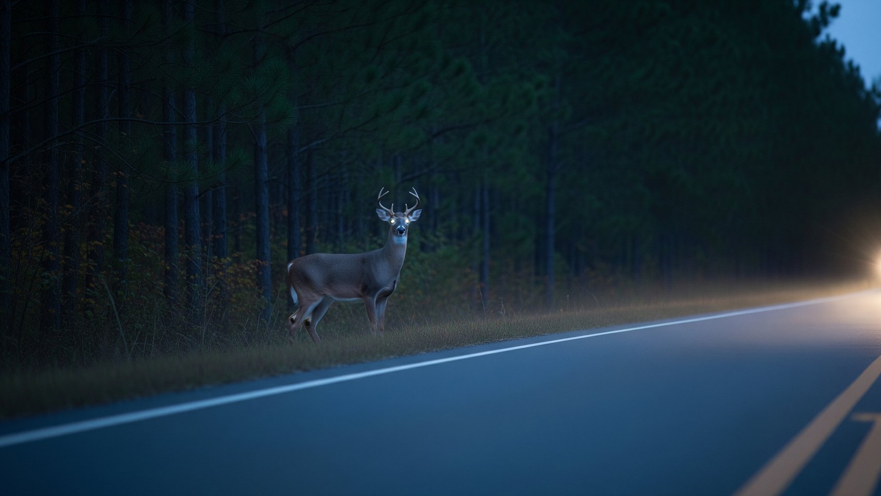 a white-tailed deer frozen on a dark rural road at dusk, a phone ban driving reminder, 1 7 million