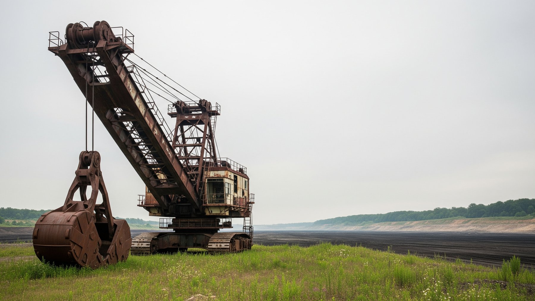 Marion 6360 stripping shovel abandoned at a reclaimed coal mine landscape in Illinois, 28 million pound