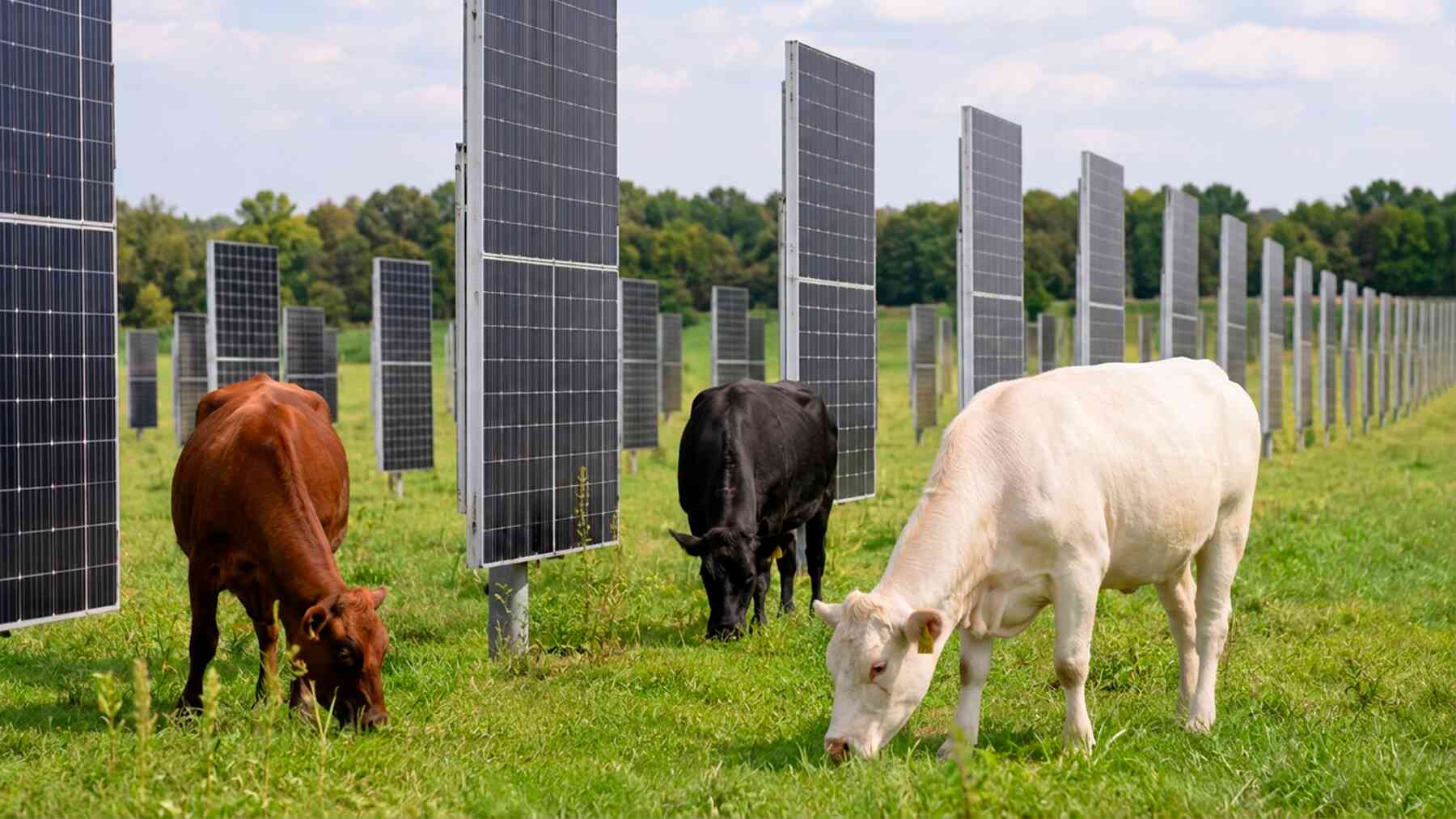In New Jersey, three cows named Blossom, Misty, and Furry spend the day grazing among vertical solar panels before resting in their shade, and now they produce even more energy 1 Cows