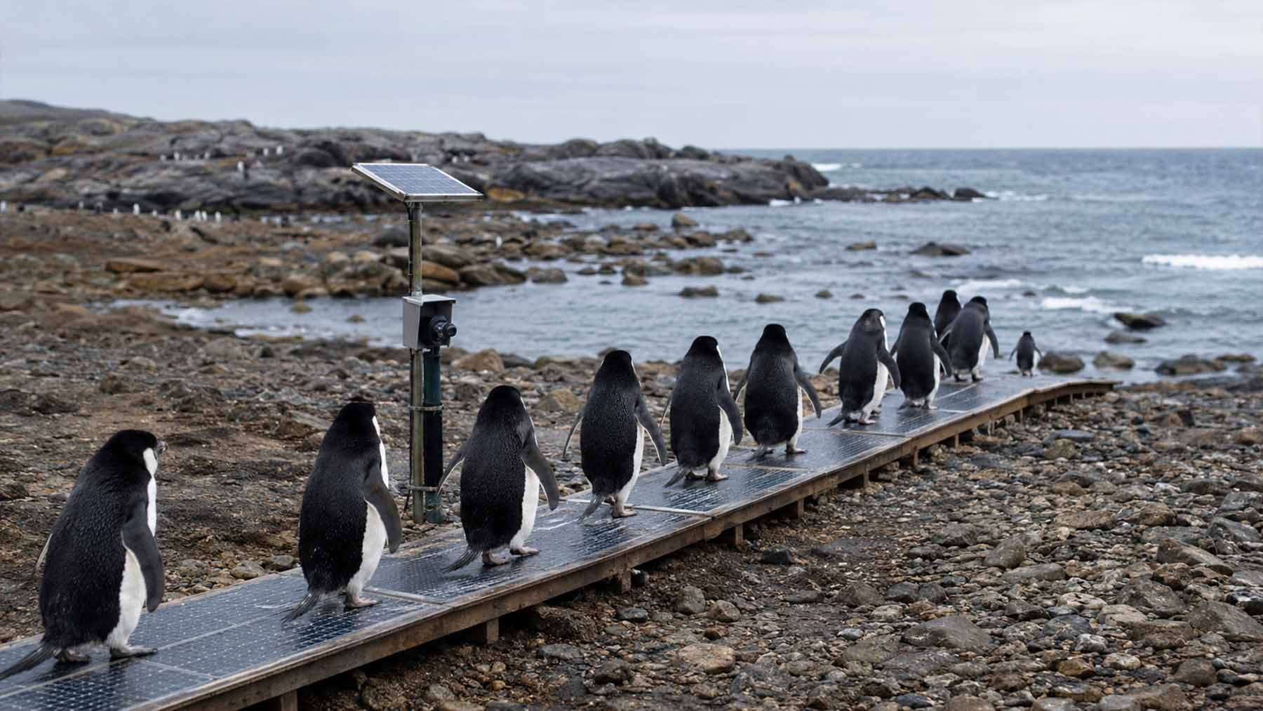 Scientists placed a solar-powered walkway across the only path to the sea, and now every penguin in the colony ‘checks in’ each time it walks by 1 Solar