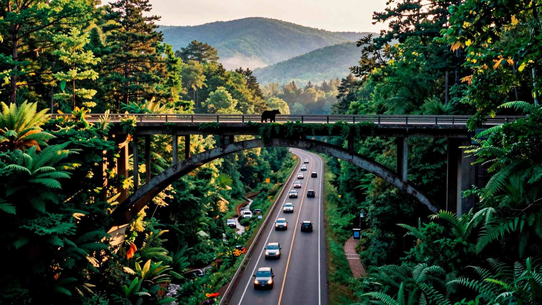 In North Carolina, America's first major wildlife highway is taking shape with green bridges and underground tunnels that let bears, deer, and mountain lions cross safely beneath busy roads 1 wildlife crossing bridge