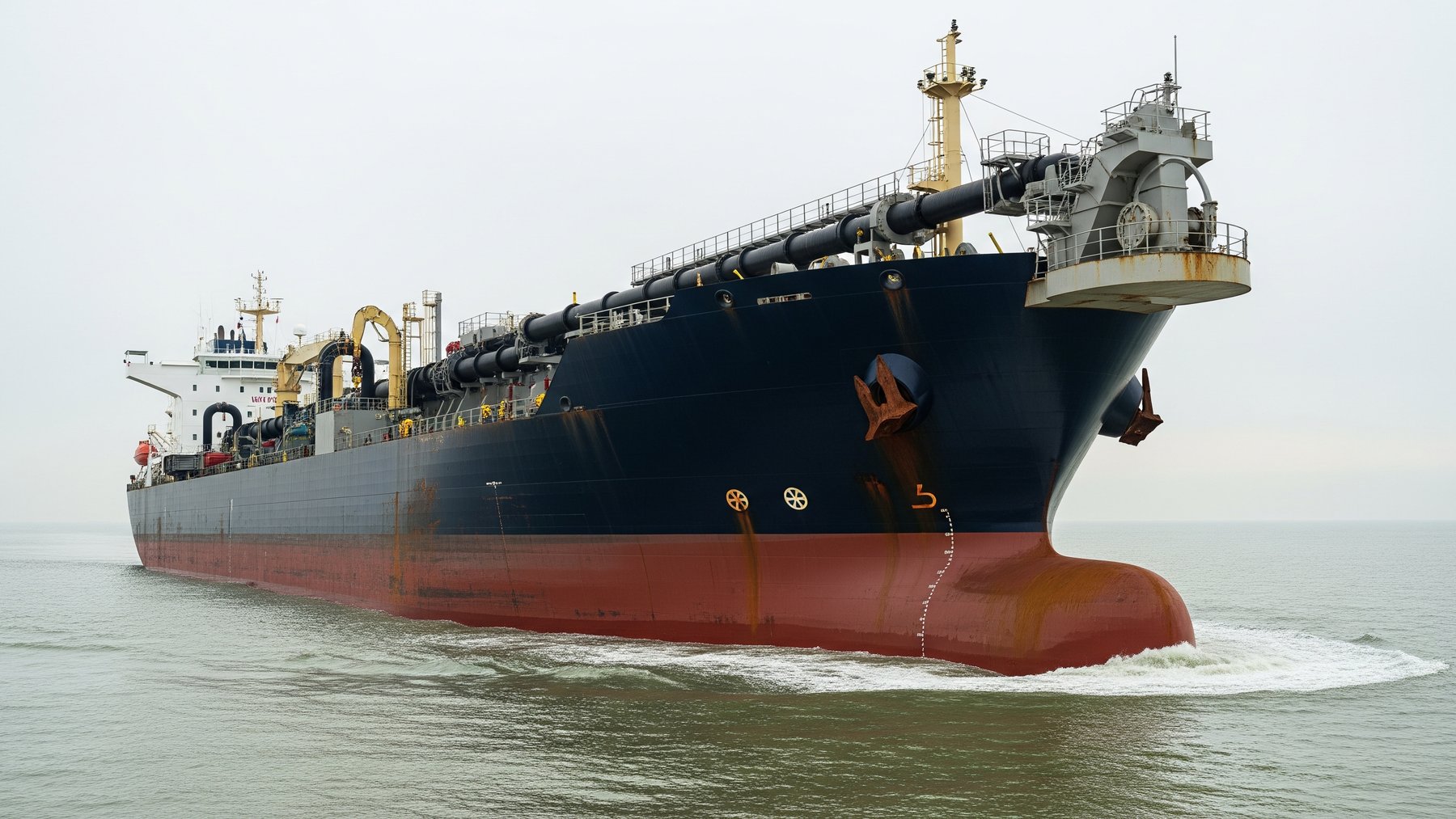 world's largest hopper dredger cutting through grey ocean water from a low angle, 730 foot ship