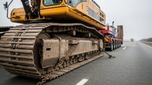 They chained a 90 ton excavator onto a low steel trailer and crawled it down a public highway at walking pace, and the real marvel holding it all level was never the digger but the trailer underneath it 12 a 90-ton excavator on an oversize load convoy lowboy trailer on a rural highway