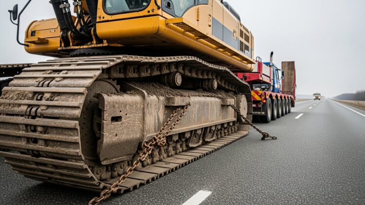 a 90-ton excavator on an oversize load convoy lowboy trailer on a rural highway
