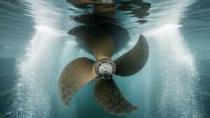 A 997-foot cargo ship surged through Charleston Harbor at twice its safe speed, and the invisible force boiling inside its propeller blades at that moment is something almost nobody standing on the shore ever imagines 9 massive cargo ship cavitation propeller blades trailing vapor bubbles in harbour water, 997 foot cargo