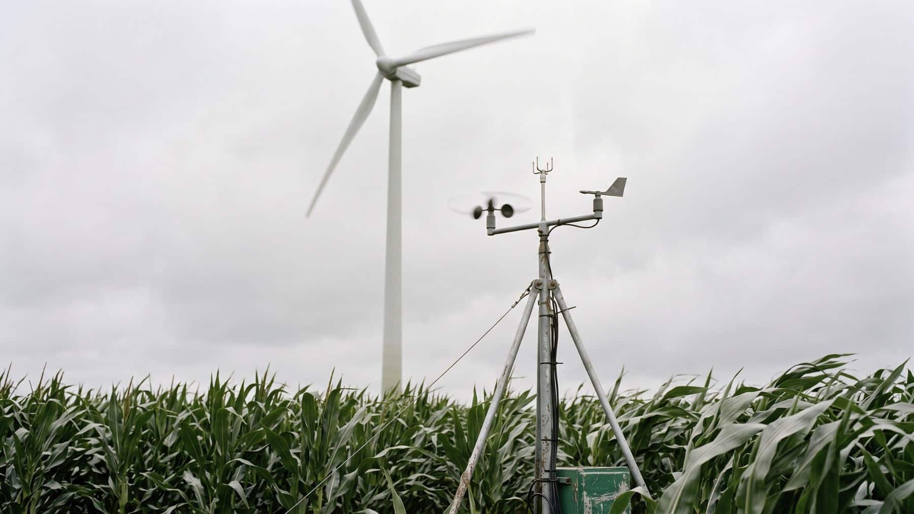 A flux tower in corn with wind turbines standing behind it
