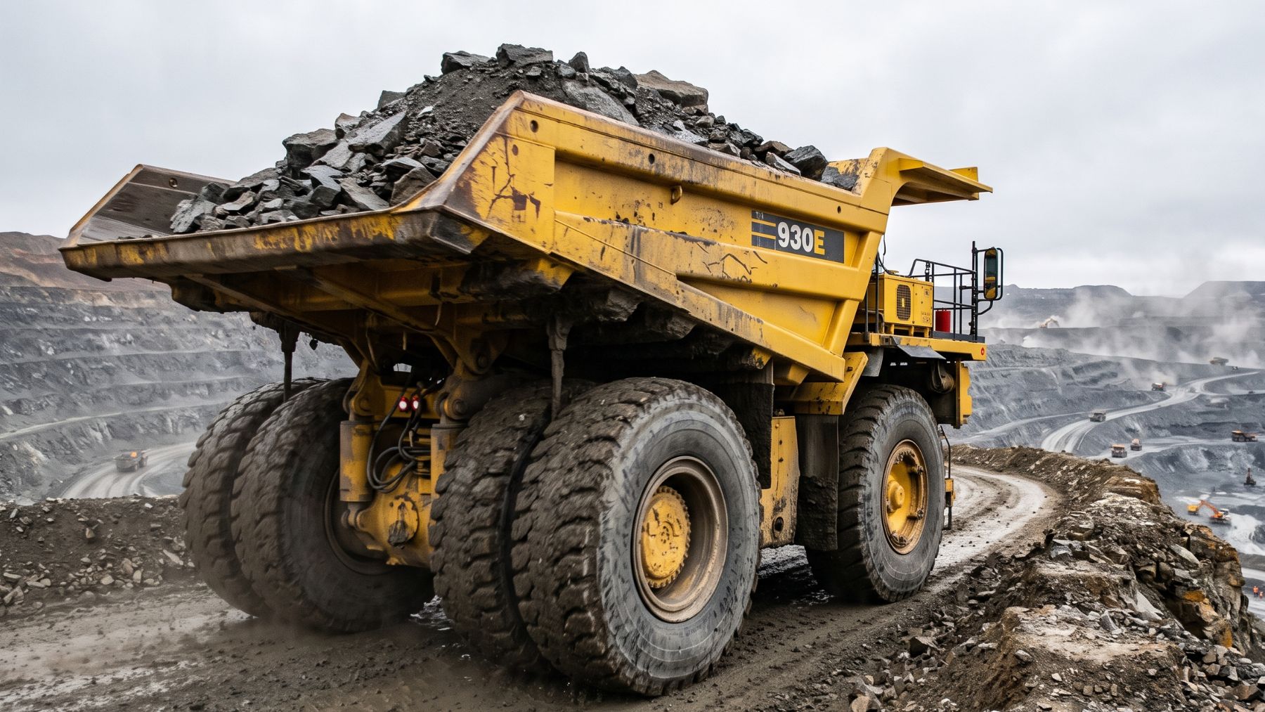 A giant yellow haul truck in an open pit mine