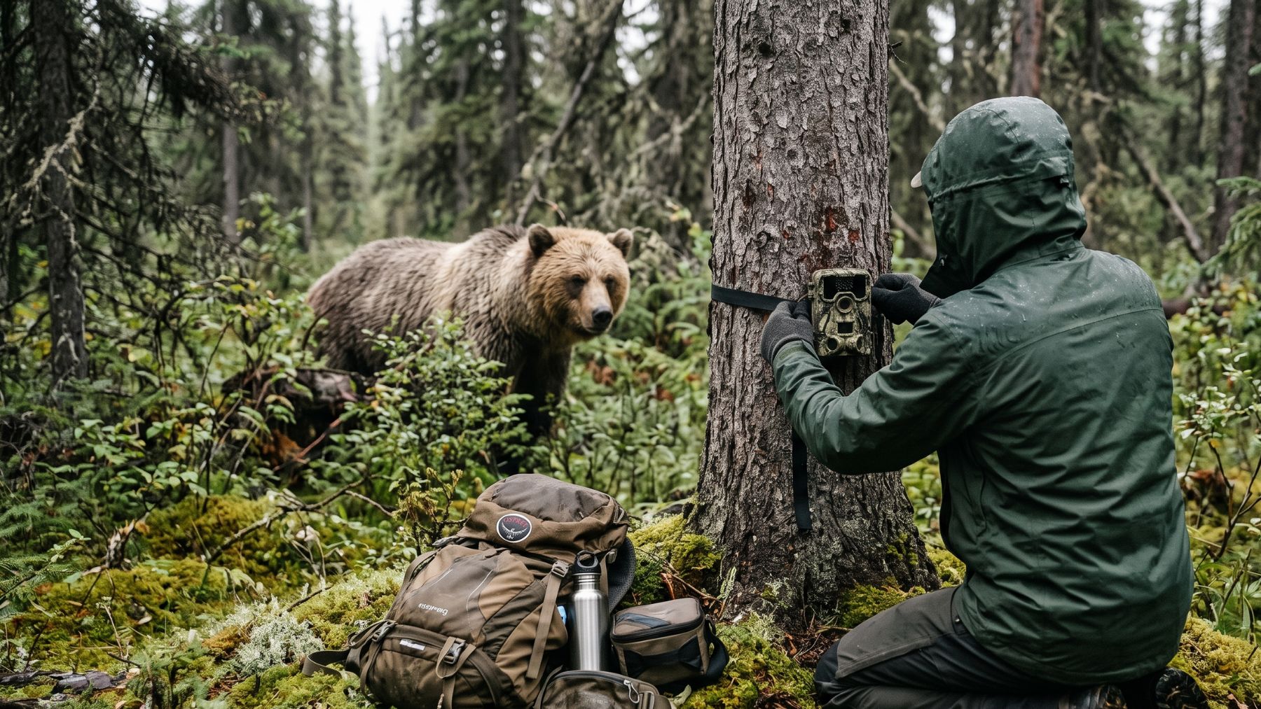 A person fastening a trail cam to a tree in the forest