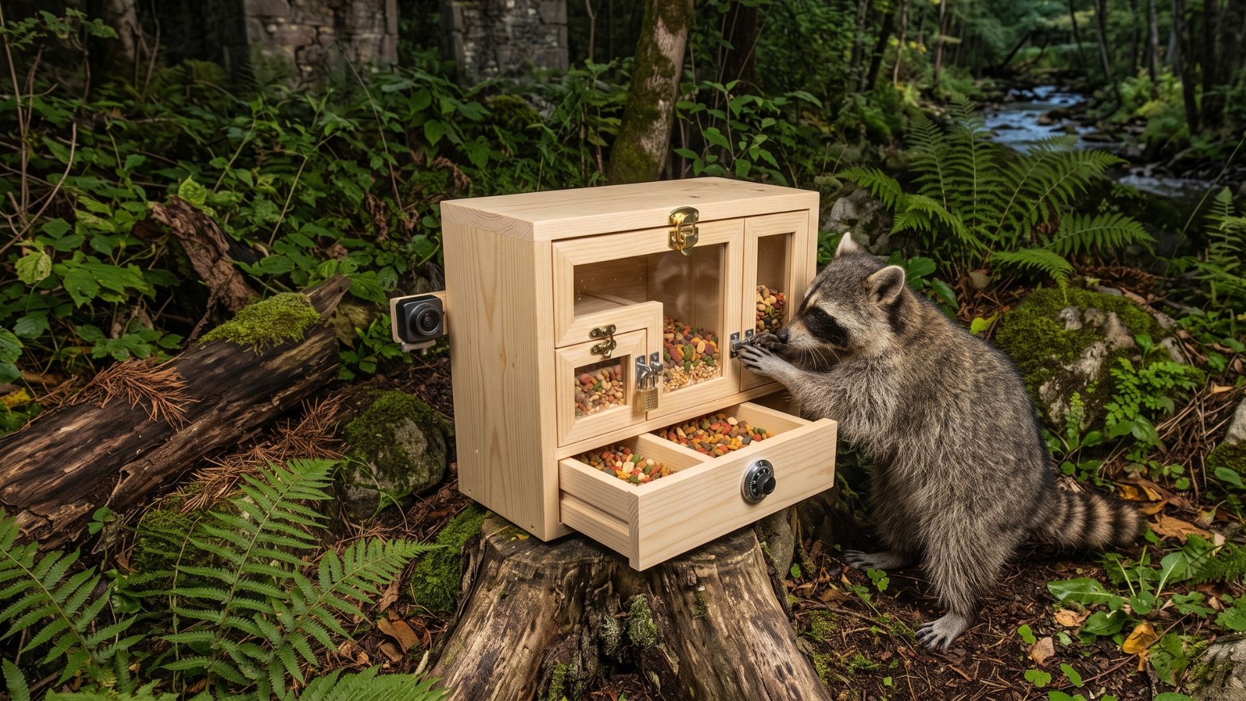 A wild raccoon solving a latch puzzle at a backyard pond, demonstrating raccoon problem solving, backyard visitor turns