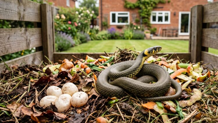 In gardens across Britain, one compost heap holds a heat that a whole snake species cannot make on its own 1 Grass snake close up on a compost heap in a garden by a house