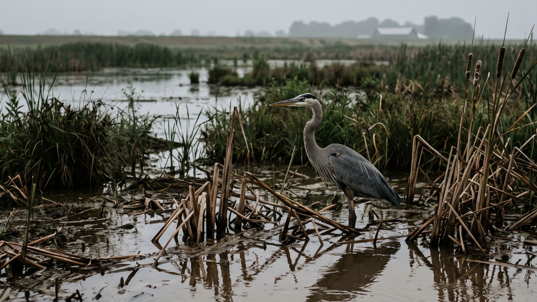 Great blue heron standing in American wetlands beside flooded ground