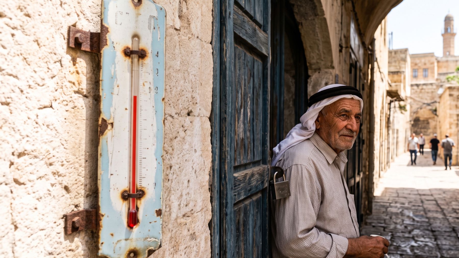 Street thermometer on a Turkish stone wall during a heat record