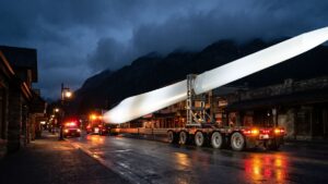 A Colorado startup is drawing an aircraft 356 feet long to carry wind turbine blades, and the runway it plans to land on is not the kind anyone pictures 46 Wind turbine blades on a night convoy through a mountain town