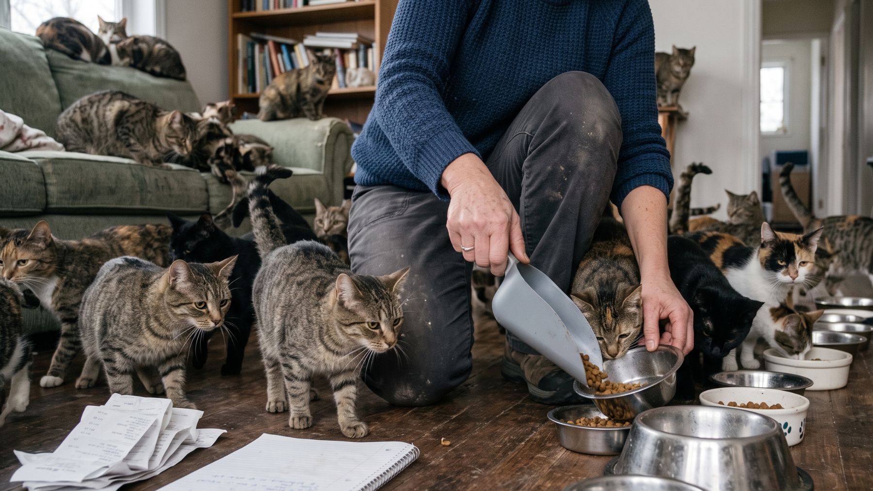 Woman crouching among rescue cats in her home foster room
