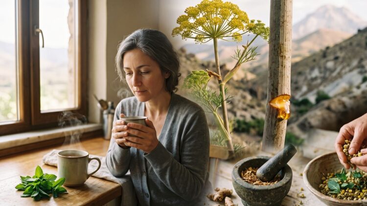 Woman holding herbal tea surrounded by the golden herb and mountains