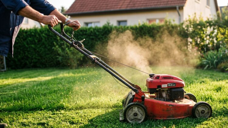 Lawnmowers were sold as the simple key to a neat, tidy yard the whole street would admire, but run one for a single hour and the cloud it leaves behind is far bigger than almost any owner would guess 1 a gas lawnmower cutting a green suburban lawn on a bright morning