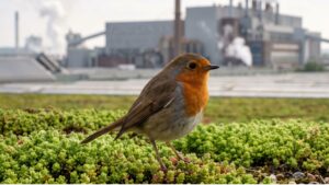 Henry Ford bought 2,000 acres of Michigan riverbank to build a bird sanctuary, then raised the largest factory on Earth there instead, and a century later 10 acres of that plant are a living roof where the birds finally nest after all 22 a small red breasted songbird on a green living roof above a huge car factory