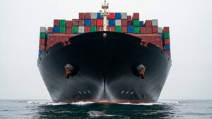 Built to carry 24,346 steel boxes across 12,000 miles of open ocean, this vessel blows 180 million bubbles through its hull, and the living thing that followed it into the Pacific is something almost no dock worker ever stops to picture 45 largest container ship bow cutting through ocean with air bubbles at the waterline, carry 24 346