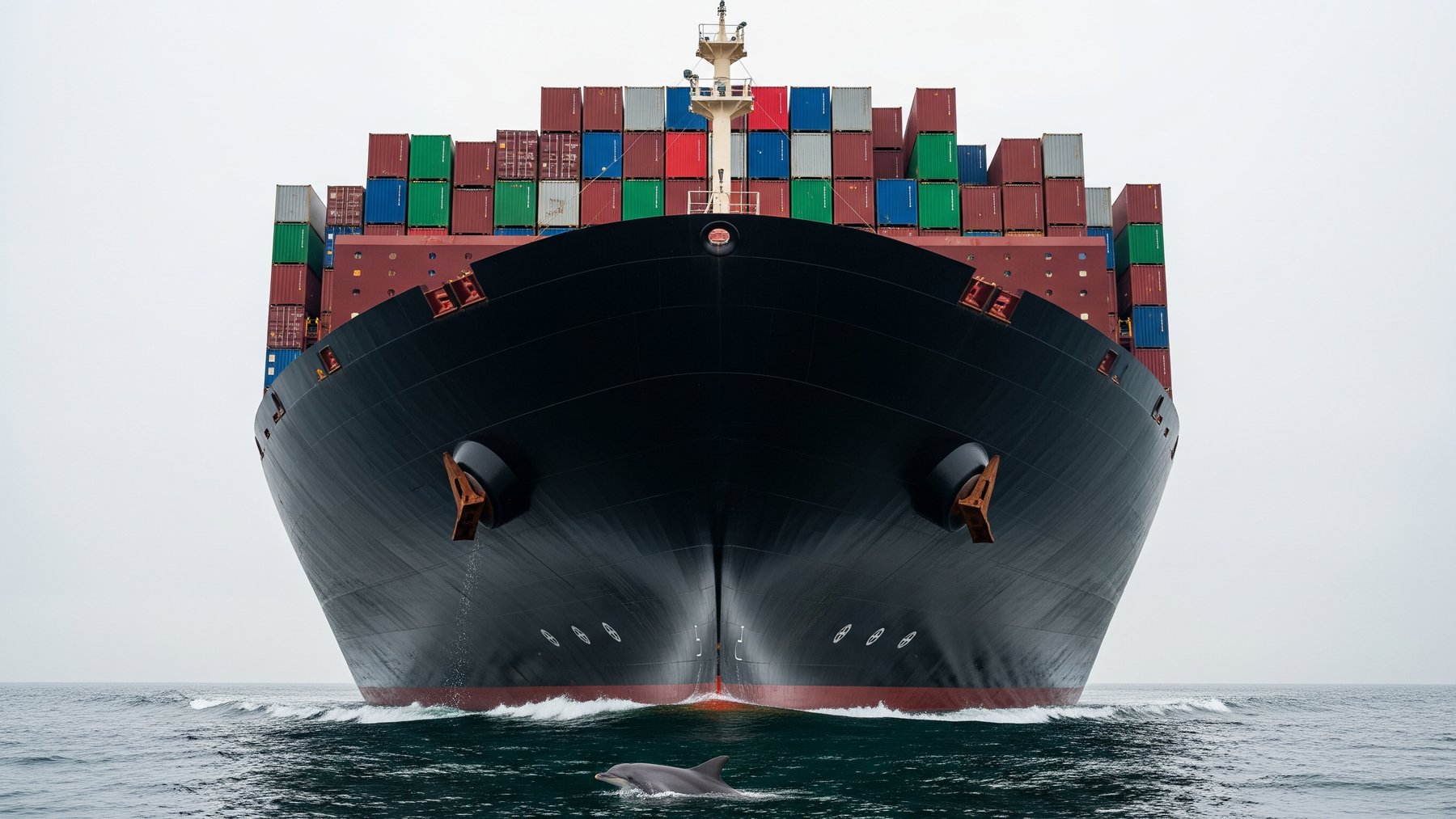 largest container ship bow cutting through ocean with air bubbles at the waterline, carry 24 346