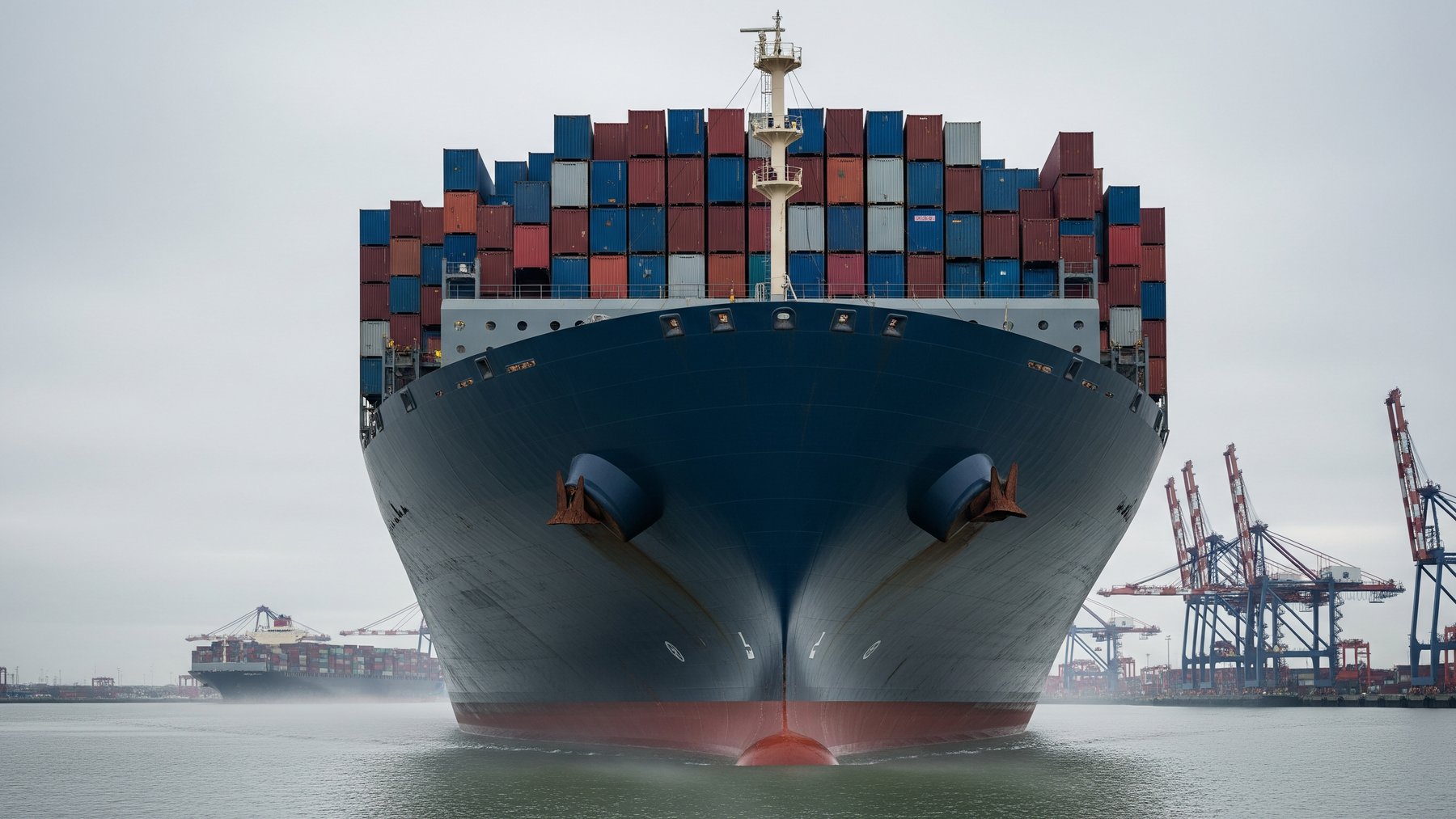 a massive container ship entering a US port on an overcast morning