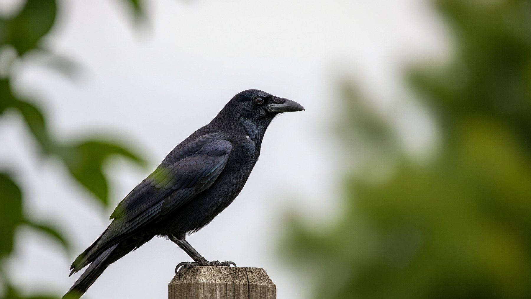 a glossy black backyard bird crow perched on a wooden fence post, count out loud