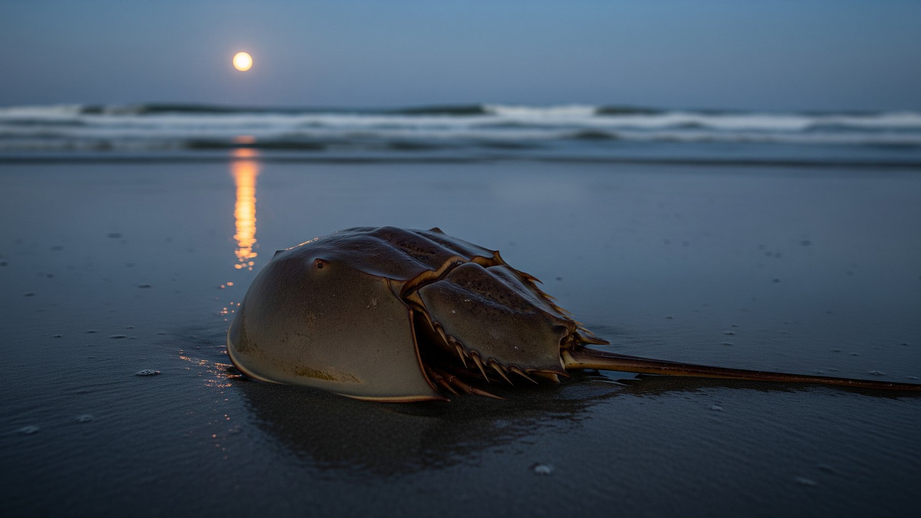 ancient horseshoe crab with blue blood on a moonlit beach at dusk, creature crawling out