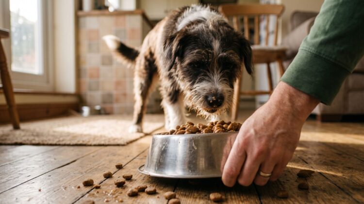 dog eating from a bowl of kibble on a kitchen floor