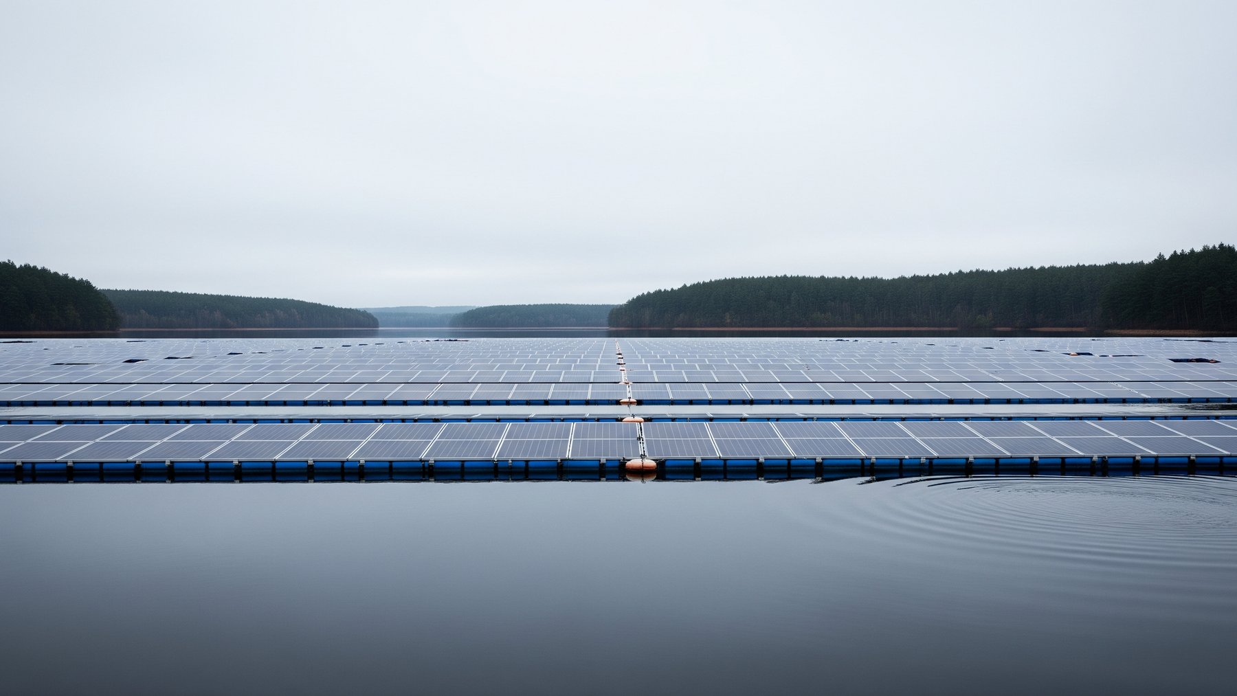 floating solar panels on a calm reservoir at overcast dawn