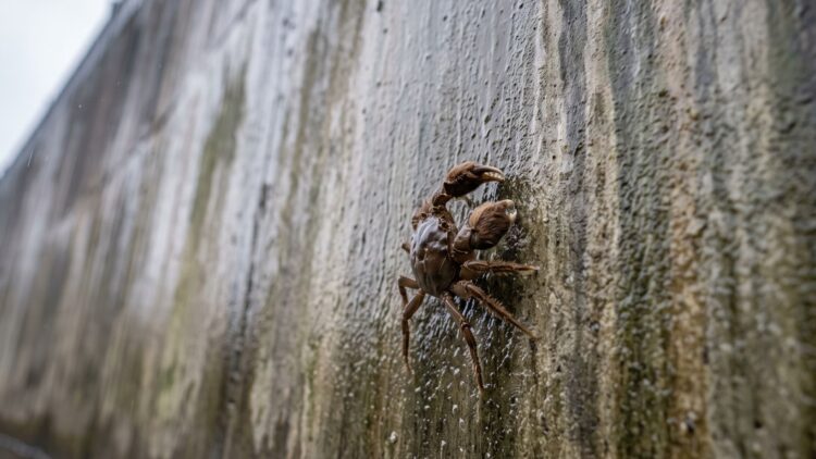 A crab with hairy claws like mittens can climb a 13 foot wall, and the one that turned up 150 miles up an Oregon river digs burrows that hollow out the bank until it caves in 1 hairy mitten clawed crab climbing a tall wet river wall