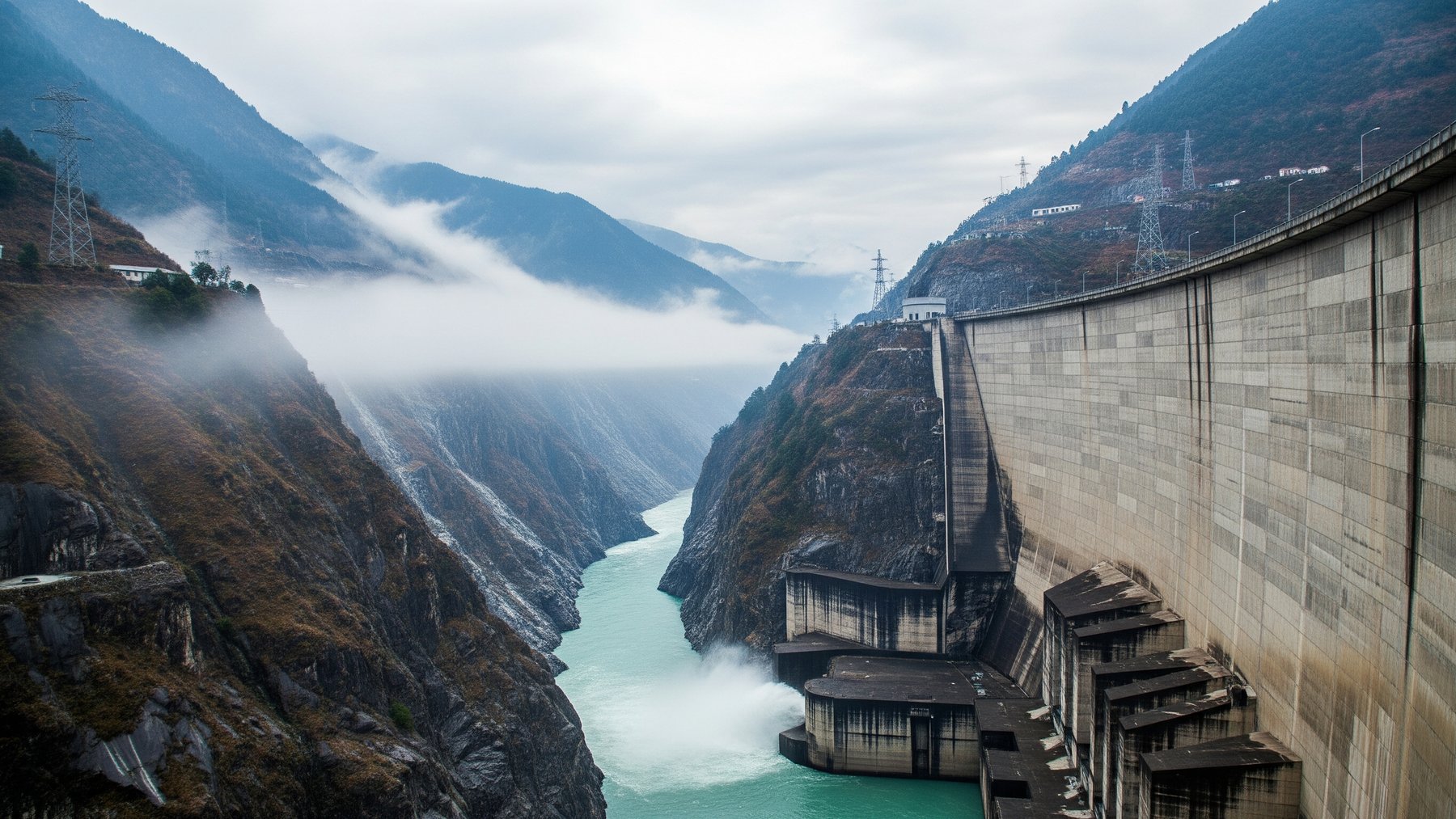 aerial view of a towering Himalayan mega dam above a turquoise river canyon, nasa s geophysicist
