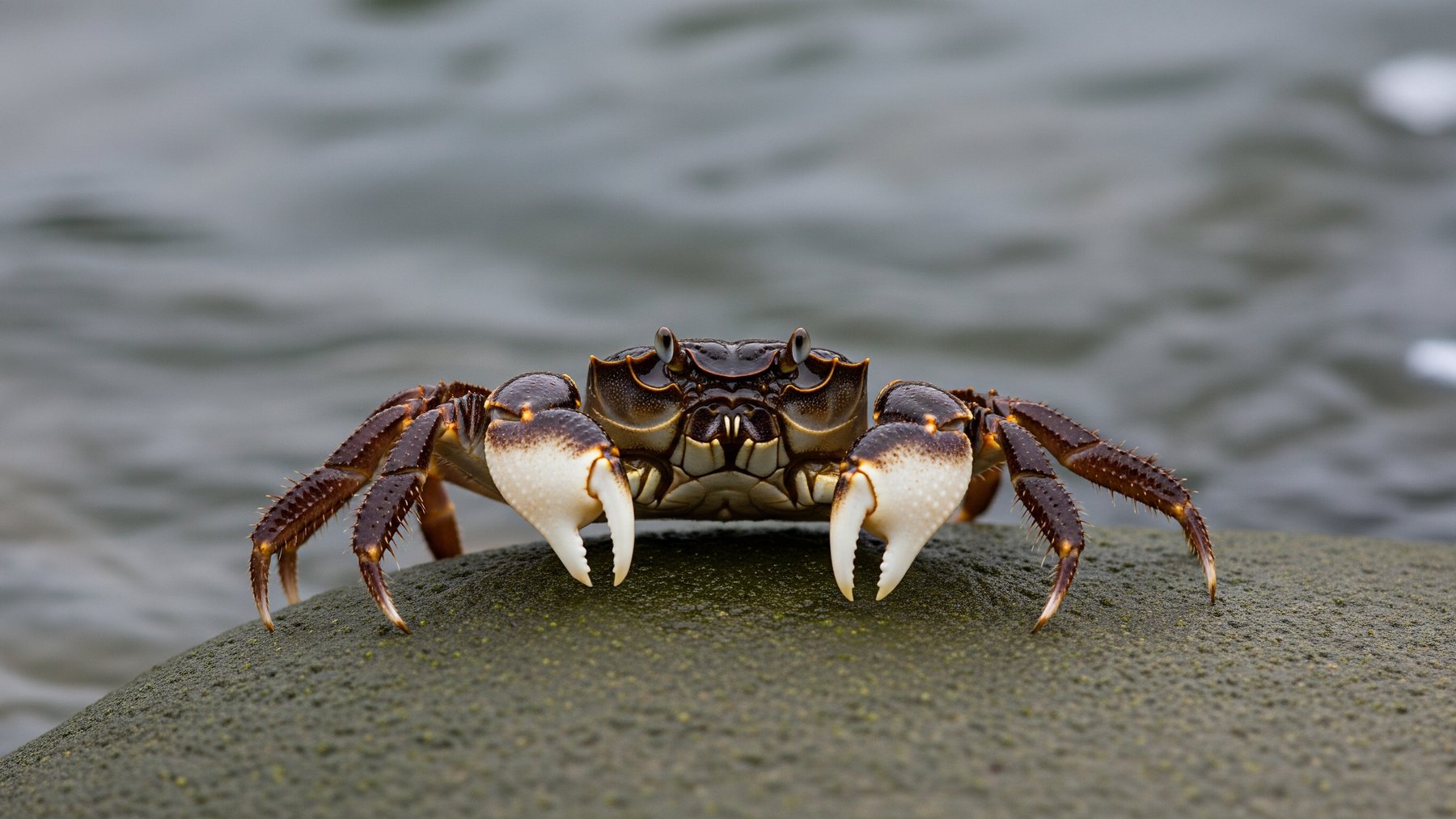 Chinese mitten crab with furry claws on a wet river stone, palm sized crab