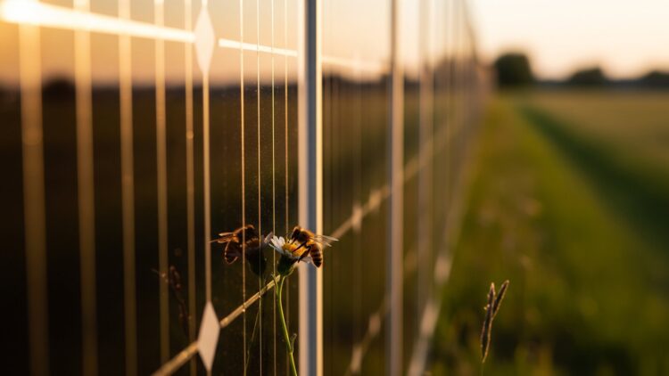 a honeybee landing near a vertical solar fence panel at garden edge, first solar panel
