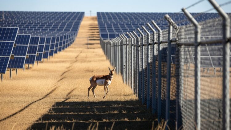 Scientists fitted 75 pronghorns with GPS collars near a 1,100-acre solar farm in New Mexico, and what the data showed about America's fastest land animal raises a question almost no solar plan has answered 1 a pronghorn antelope pausing beside a solar farm fence in New Mexico grassland, scientists fitted 75