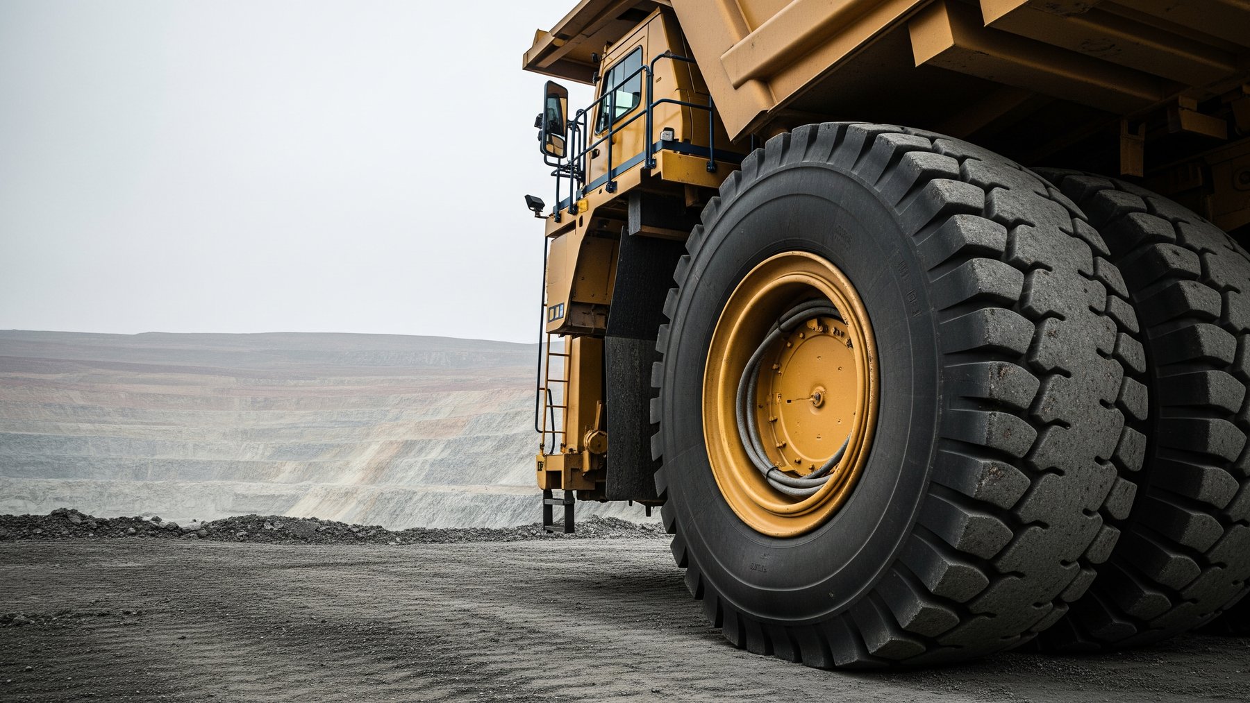 a massive yellow haul truck photographed from below beside its giant rear wheel at a mine, they built these
