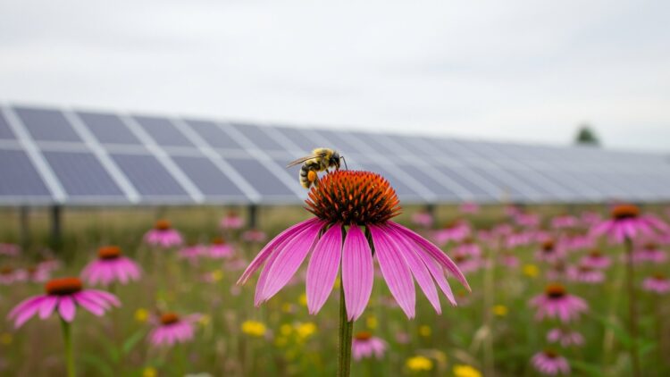 Two Minnesota solar farms seeded native wildflowers under their panels, and 5 years of counting revealed native bees had multiplied twentyfold, then crossed the fence to pollinate the neighbour's soybeans 1 A native bee collecting pollen near solar farms native wildflowers in Minnesota, two minnesota solar