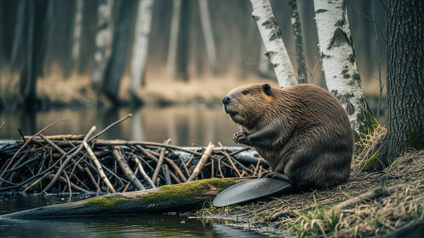 a North American beaver beside a woodland stream, illustrating beaver flood control value, wisconsin s policy