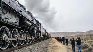 a 133-foot locomotive steaming past a crowd of spectators on Wyoming's Sherman Hill