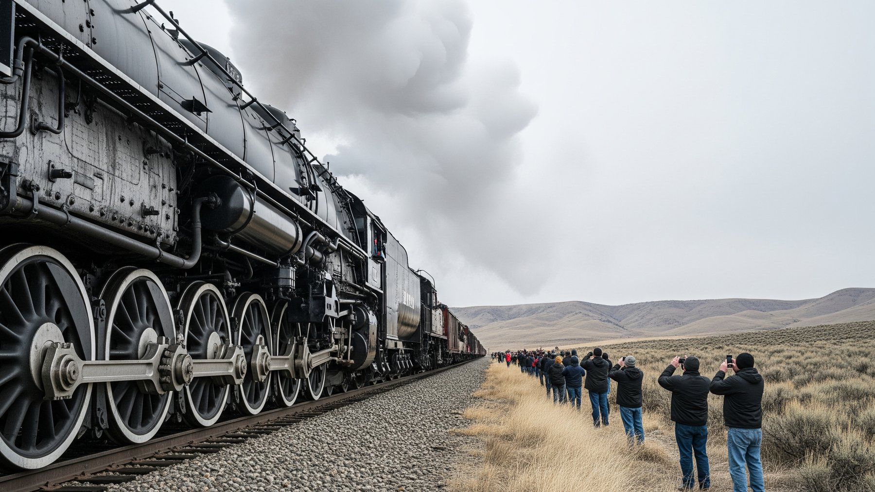 a 133-foot locomotive steaming past a crowd of spectators on Wyoming's Sherman Hill