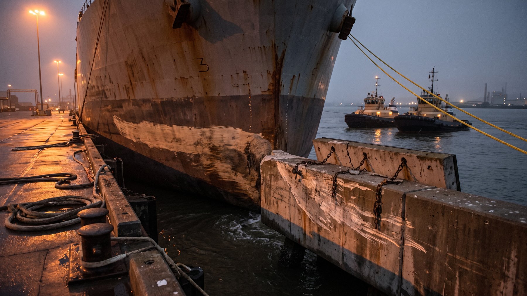 820-foot tanker stern pressed against a refinery pier concrete dolphin at night in Martinez California