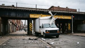 A box truck with its roof peeled under a railroad bridge